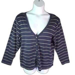 Liz Claiborne Cardigan Navy Gold Metallic Stripe 1X Preppy Button Front